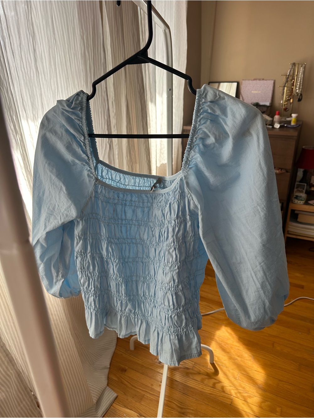 Smocked Light Blue Puff Sleeve Blouse